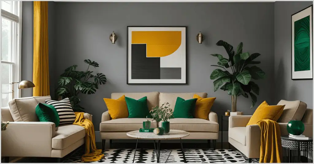 Modern industrial living room with neutral furniture, green and yellow accents, and geometric art.