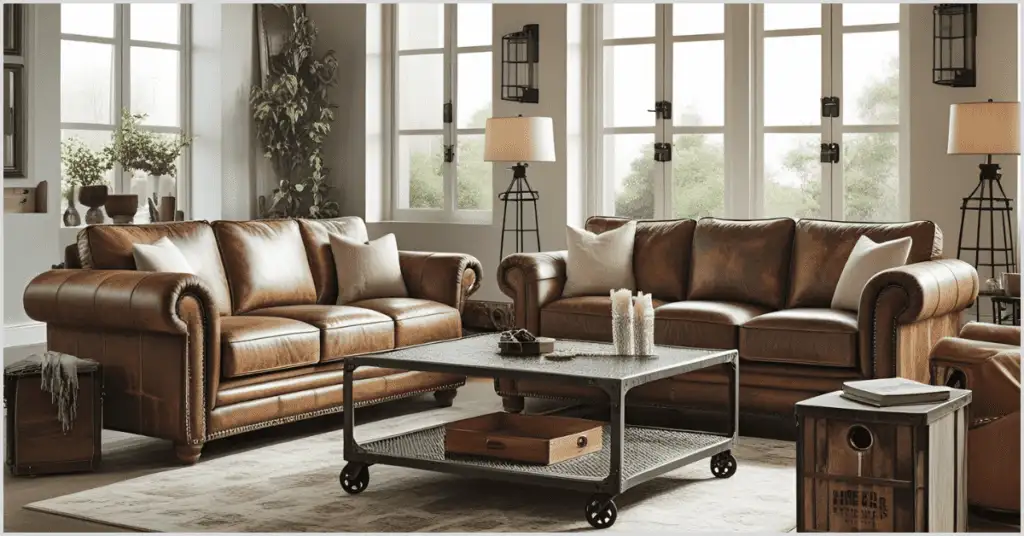 Modern industrial living room with vintage leather sofas, wooden crates, and metal coffee table.