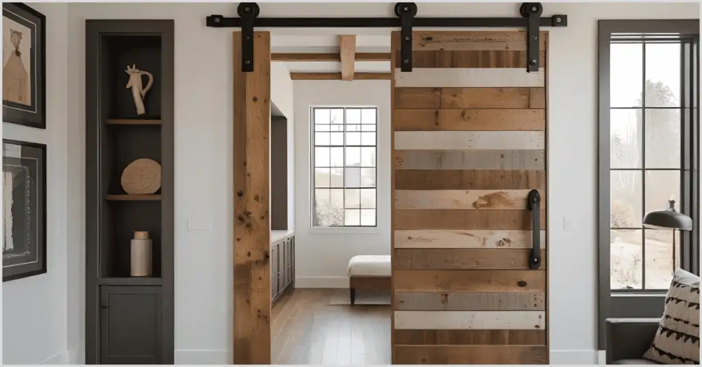 Modern industrial room with a reclaimed wood sliding barn door, black-framed shelves, and large windows.