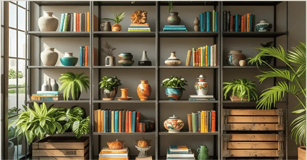 Modern industrial shelving unit with books, plants, and decor on metal and wood shelves.