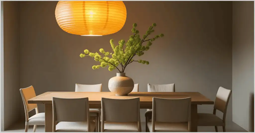 A Japandi interior design dining area with a wooden table, beige chairs, and a striking orange paper pendant light above a vase with green branches.