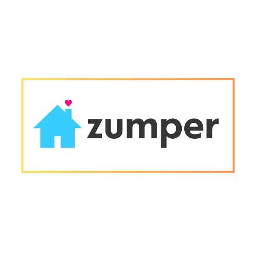 Zumper logo with a blue house and red heart on a white background.