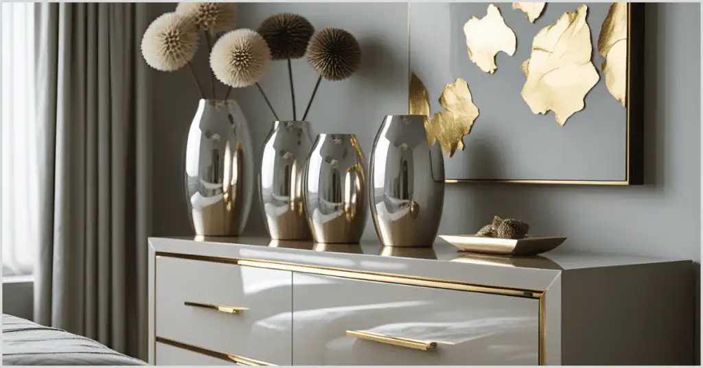 A stylish bedroom with glam bedroom ideas featuring a mirrored dresser, metallic vases, and a gold-accented wall art.