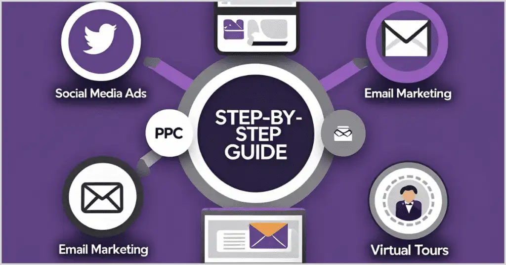 Infographic with icons for social media ads, PPC, email marketing, and virtual tours, centered on a step-by-step guide for targeted property ads.