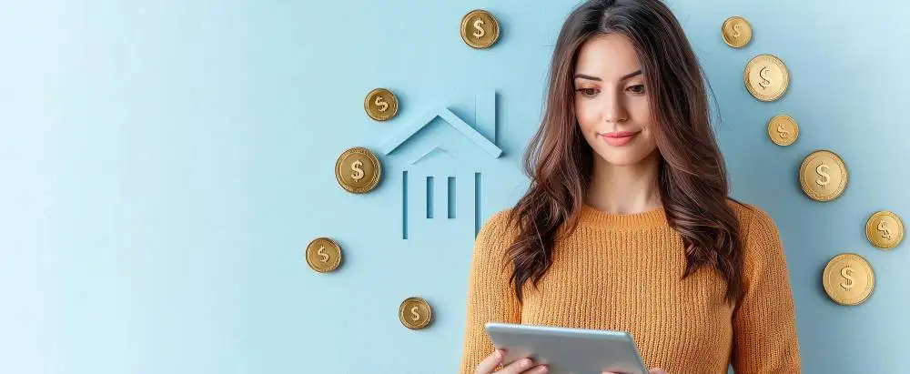 Image of a woman using a tablet with a house outline and dollar coins in the background, representing additional income streams for commercial real estate agents' pay.