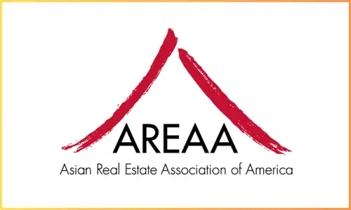 Logo of the Asian Real Estate Association of America (AREAA) with the text "AREAA" and "Asian Real Estate Association of America" under a red roof-like design.