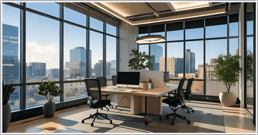 A bright office with large windows, modern lighting, plants, and a table with chairs, exemplifying office staging.