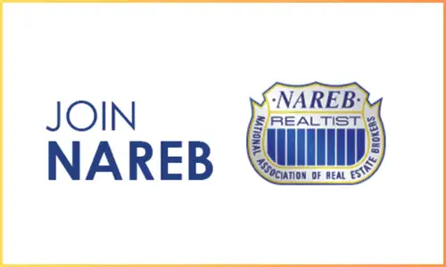 Promotional image for the National Association of Real Estate Brokers (NAREB) with the text "JOIN NAREB" and a crest logo featuring "NAREB" and "Realist."