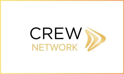 Logo of Commercial Real Estate Women (CREW Network) with the text "CREW NETWORK" and a gold arrow design.