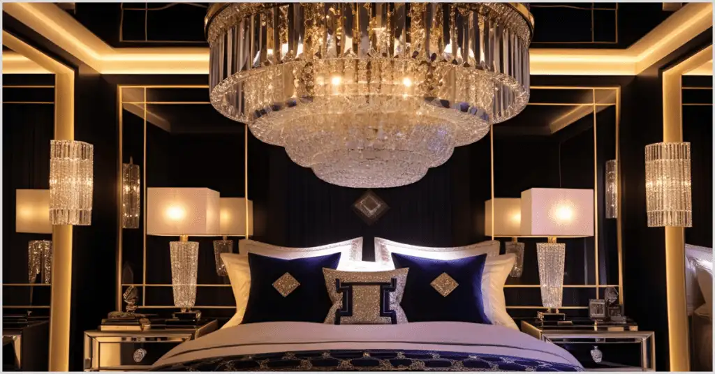 A glamorous bedroom with glam bedroom ideas featuring a stunning chandelier, navy pillows, and mirrored nightstands.