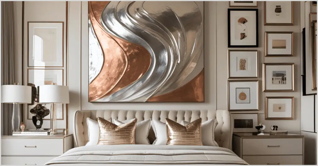 A luxurious bedroom with glam bedroom ideas featuring a metallic wave art piece, beige tufted headboard, and rose gold pillows.