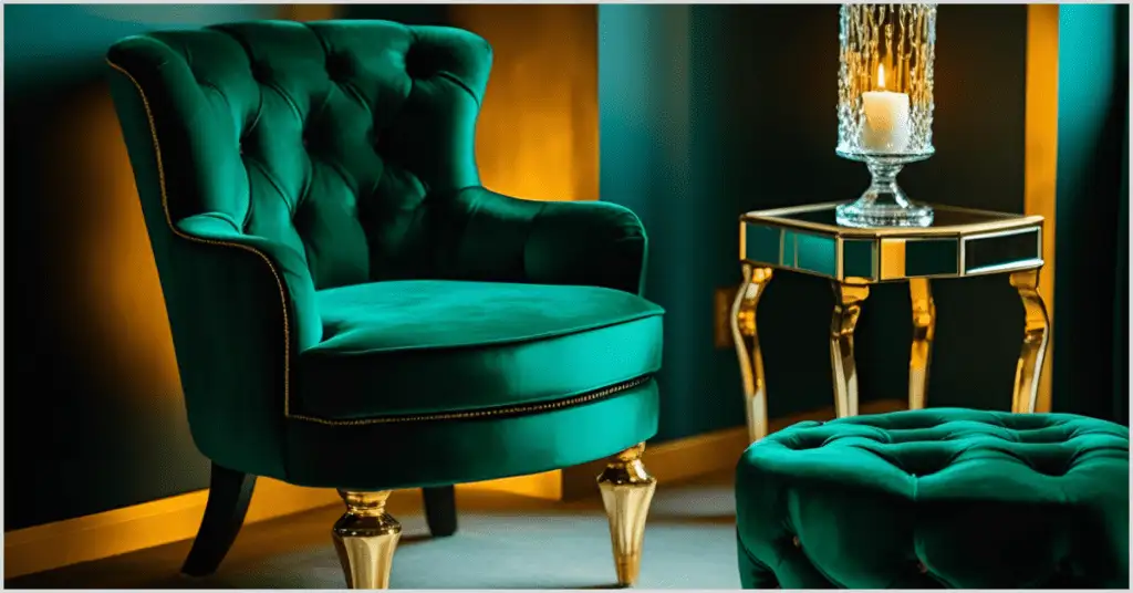 A luxurious seating area with glam bedroom ideas featuring an emerald green velvet chair, gold-accented side table, and elegant decor.