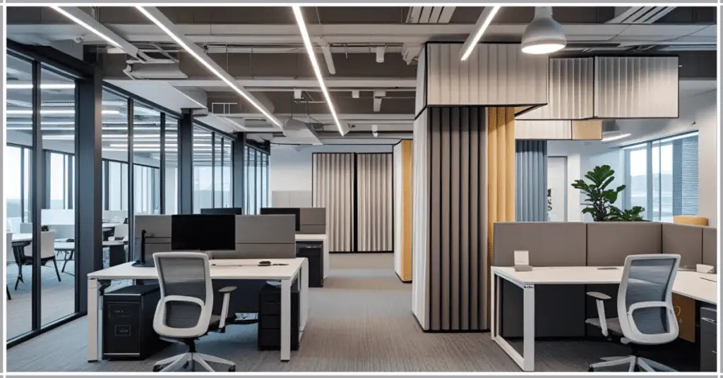 A modern office with workstations, acoustic panels, and plants, demonstrating effective office staging.