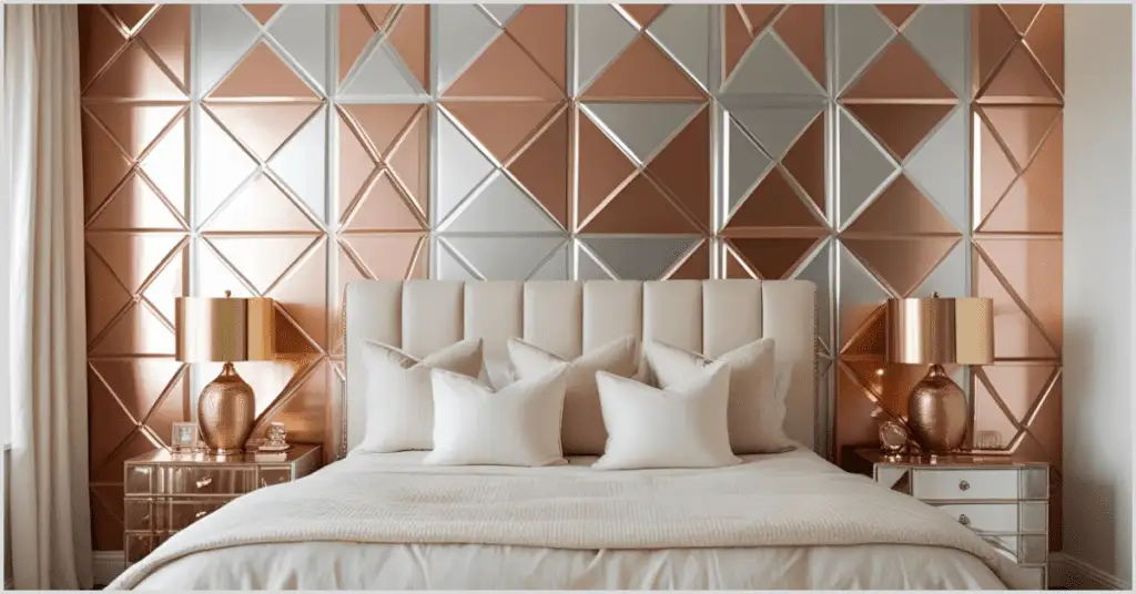 A luxurious bedroom with glam bedroom ideas featuring a geometric copper wall panel, elegant headboard, and soft-lit nightstand.