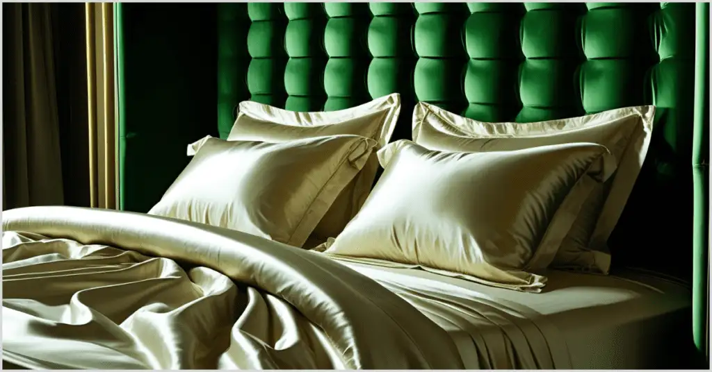 A luxurious bedroom with glam bedroom ideas featuring an emerald green tufted headboard, plush pillows, and satin bedding.