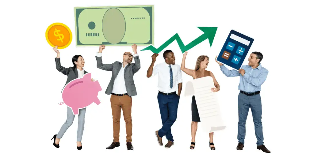 Image of five people holding signs with a coin, dollar bill, upward arrow, paper, and calculator, representing how commissions are negotiated for commercial real estate agents' pay.