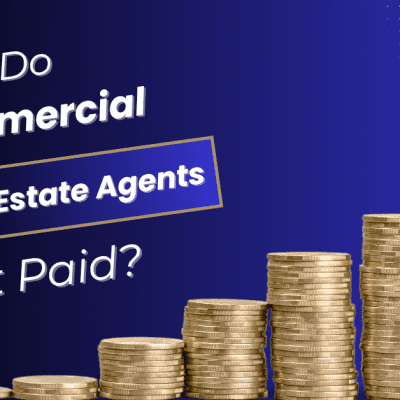 Image featuring stacks of gold coins and a jar of coins with the text "How Do Commercial Real Estate Agents Get Paid?" on a blue background.