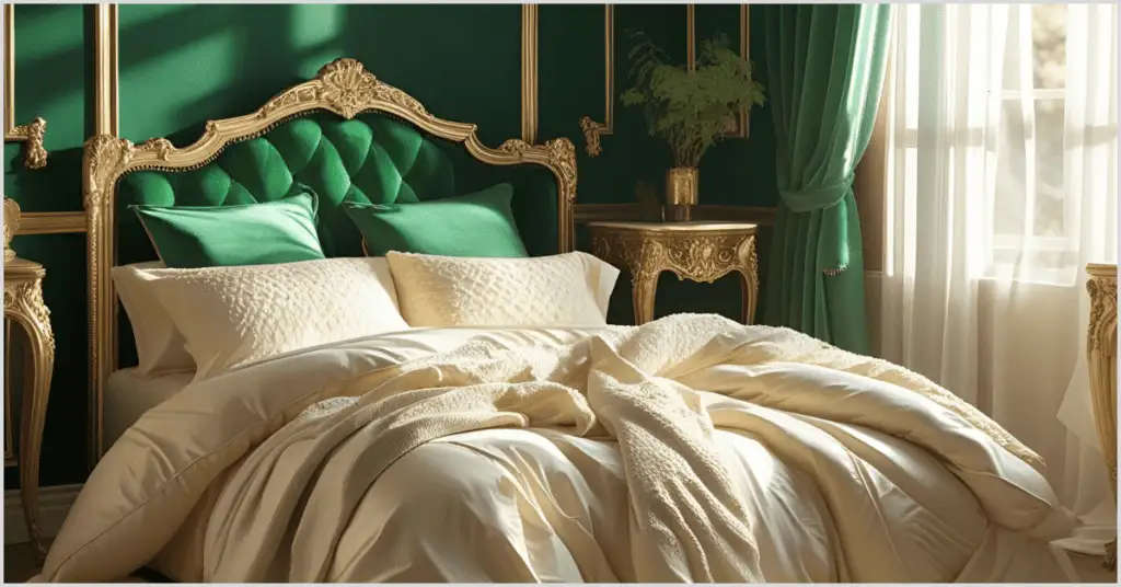 A luxurious bedroom with glam bedroom ideas featuring a green velvet headboard, gold accents, and creamy bedding.