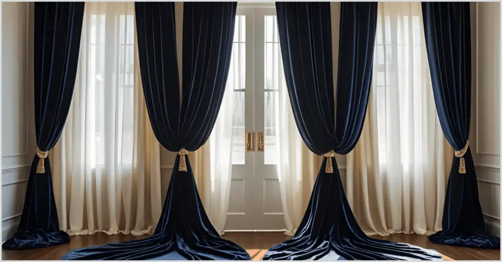 A luxurious bedroom with glam bedroom ideas featuring elegant velvet drapes, double doors, and natural light filtering through.