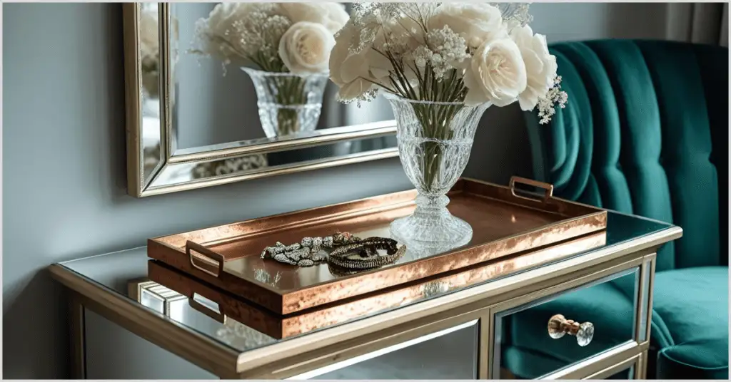 A stylish bedroom with glam bedroom ideas featuring a mirrored dresser, copper tray with flowers, and a teal velvet chair.