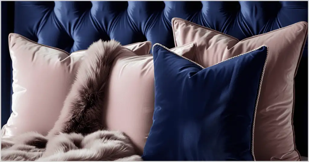 A luxurious bed with glam bedroom ideas featuring a navy velvet headboard, pink and blue velvet pillows, and a furry throw.