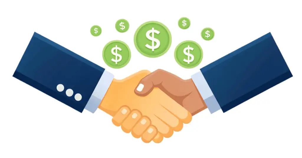 Illustration of two hands shaking with dollar signs and coins above, symbolizing "Sharing Commissions" related to how commercial real estate agents get paid.