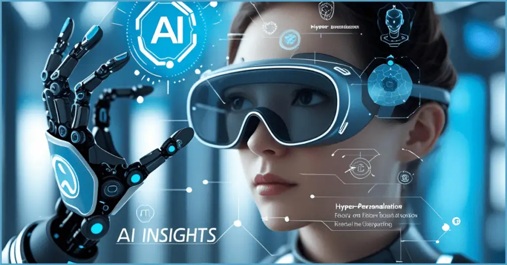 Futuristic image of a person with AR glasses and a robotic hand, featuring AI insights and hyper-personalization for targeted property ads.
