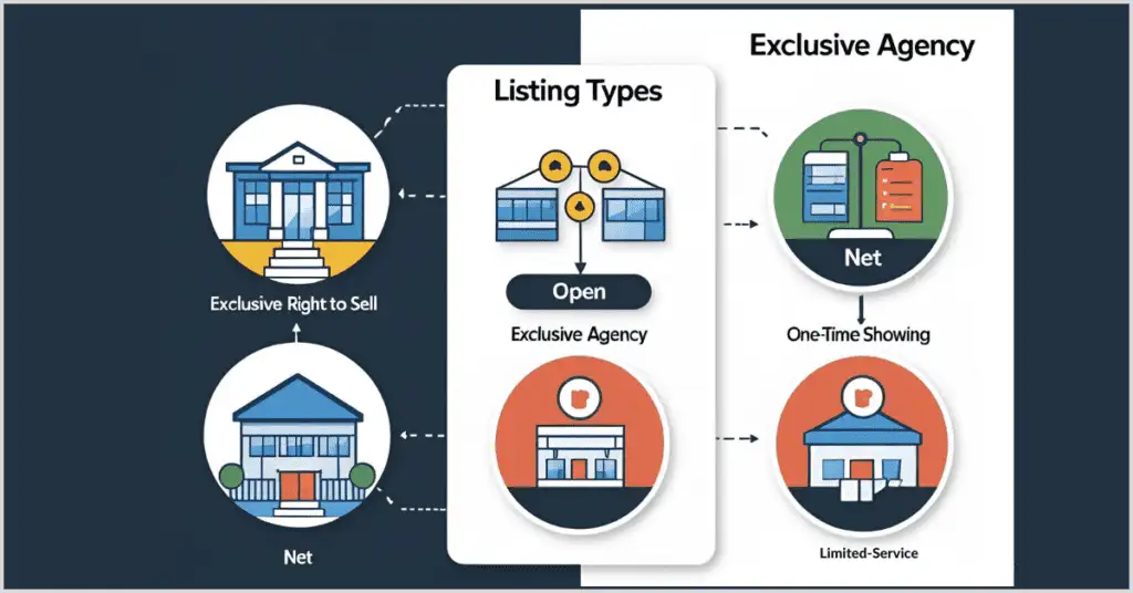 Diagram showing multiple listing contract types: Exclusive Right to Sell, Net, Open, Exclusive Agency, One-Time Showing, and Limited-Service with house icons.