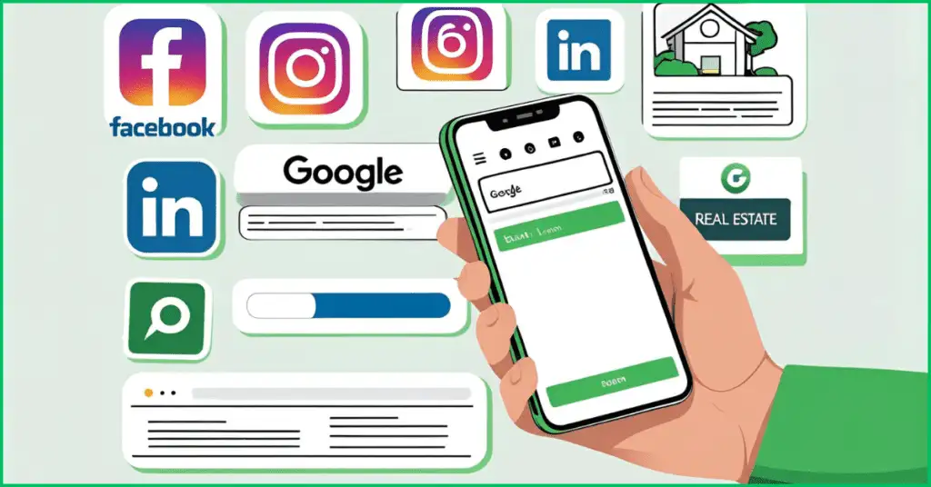 Hand holding a smartphone with social media icons (Facebook, Instagram, LinkedIn) and real estate search, representing targeted property ads.