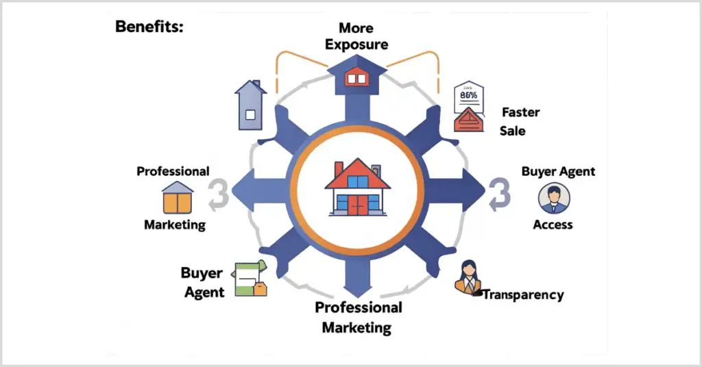 Diagram showing benefits of multiple listing contract with icons for exposure, faster sale, buyer agent access, transparency, professional marketing, and buyer agent.