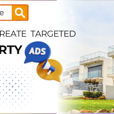 Illustration of targeted property ads with a smartphone showing PPC, a megaphone icon, and modern houses.