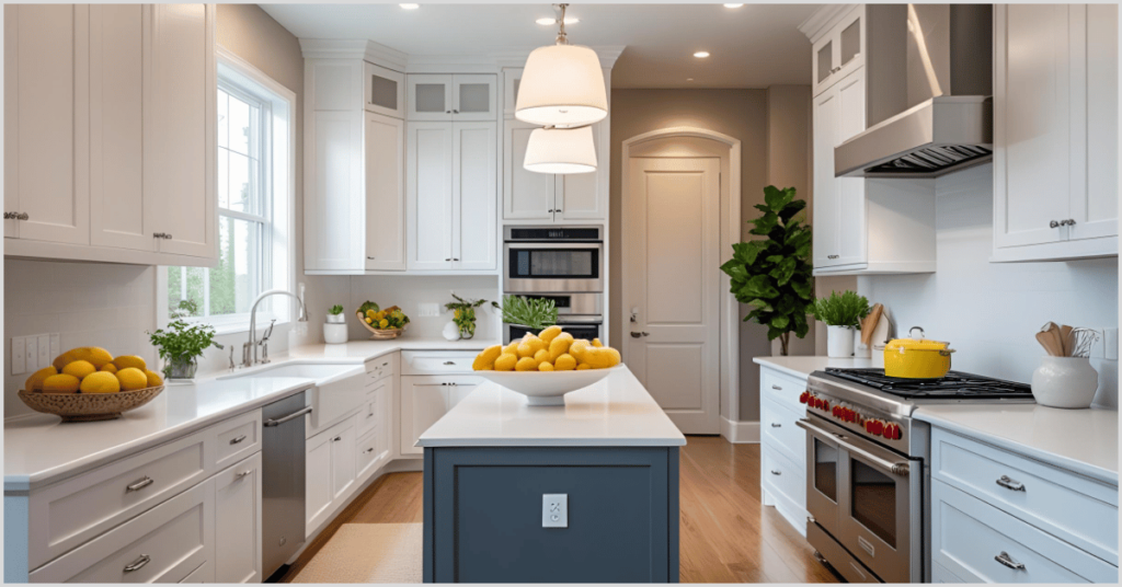 A modern kitchen with white cabinets, a blue island, and fresh lemons, showcasing open house ideas.