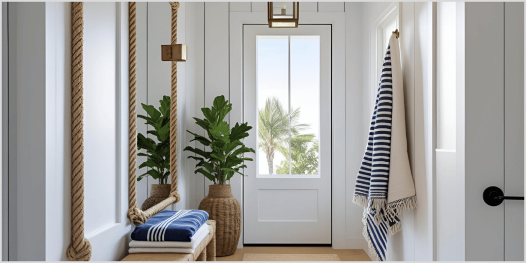 Coastal hallway with sea-inspired touches, including rope decor, striped towels, and potted plants near a bright window.
