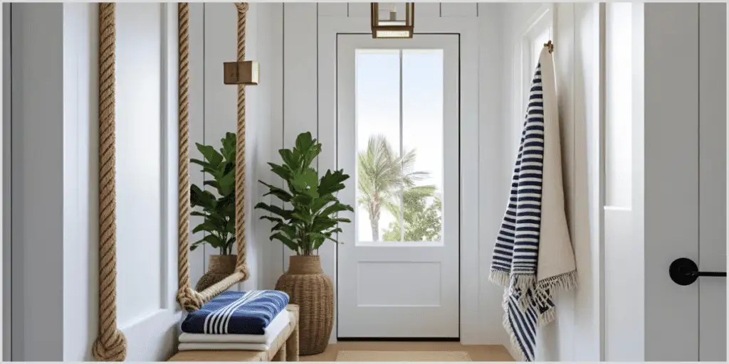 Coastal hallway with sea-inspired touches, including rope decor, striped towels, and potted plants near a bright window.