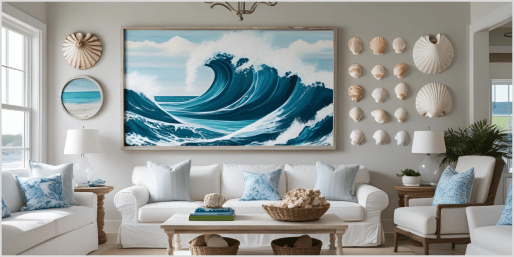Coastal living room with a large wave-themed wall art and shell decorations, featuring white furniture and blue pillows.