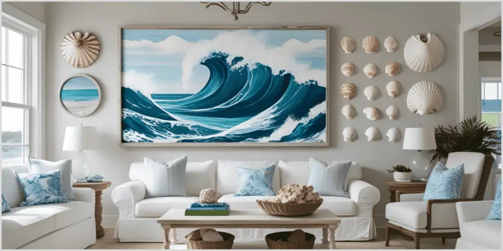 Coastal living room with a large wave-themed wall art and shell decorations, featuring white furniture and blue pillows.
