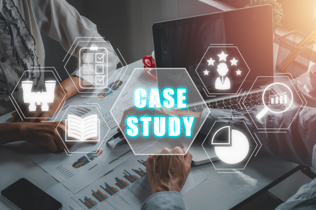 Two people reviewing documents and charts with a "Case Study" overlay and icons, representing partnerships with home builders.