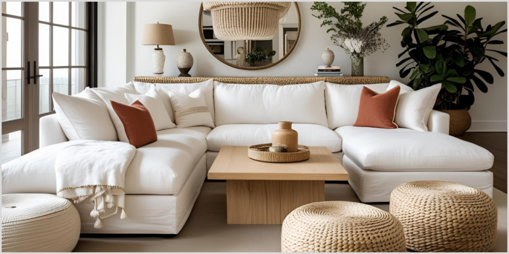 Cozy living room with a plush white sectional sofa, woven ottomans, and natural decor elements.
