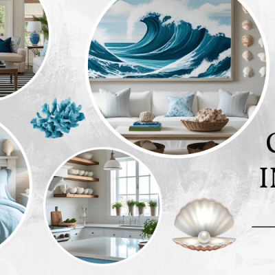 Bright coastal bedroom with blue bedding, white furniture, and seashell decor near a large window.