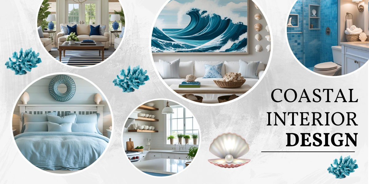 Bright coastal bedroom with blue bedding, white furniture, and seashell decor near a large window.