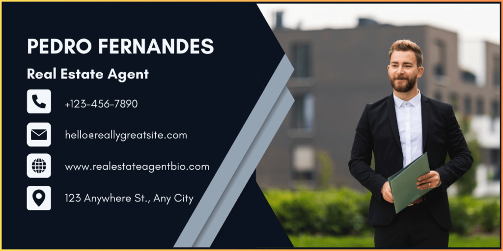 Email signature of Pedro Fernandes, a real estate agent, with contact info, website, and a professional photo.