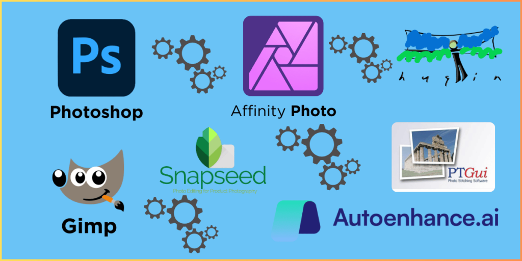 An image showcasing essential tools for perspective correction, including Photoshop, Affinity Photo, Snapseed, Gimp, Autoenhance.ai, and PTGui logos, with gear icons and a sample edited photo.