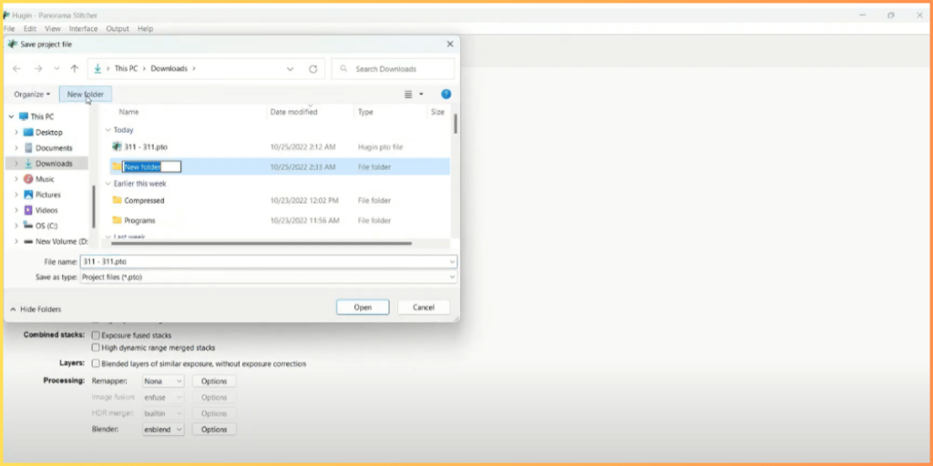 Hugin Panorama Stitcher save project dialog box showing export setup for perspective correction.
