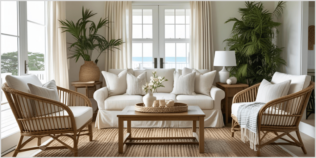 Coastal living room with natural textures, featuring wicker chairs, a woven rug, and a wooden coffee table with plants.