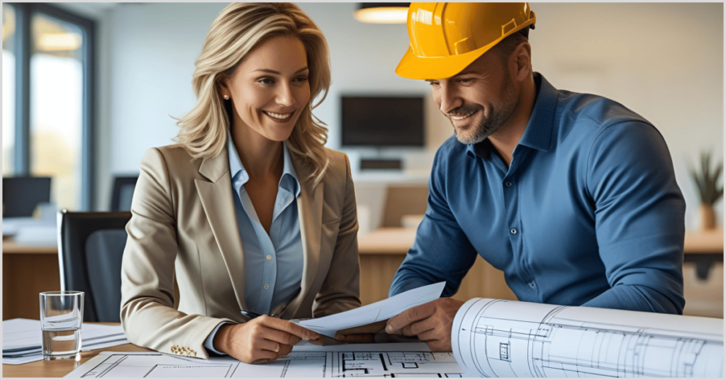 A realtor and a builder in hard hats reviewing blueprints together, symbolizing partnership with home builders.