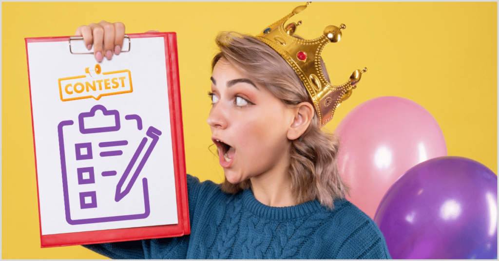 A person wearing a crown holding a clipboard with a "Contest" sign, surrounded by balloons, promoting open house ideas.