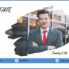 Image of a professional man in a suit with a red tie, standing with arms crossed, alongside a bio template and contact info.