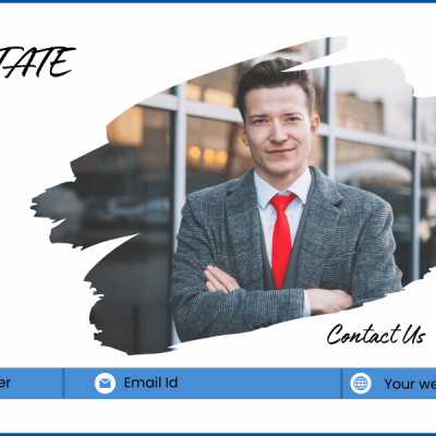 Image of a professional man in a suit with a red tie, standing with arms crossed, alongside a bio template and contact info.