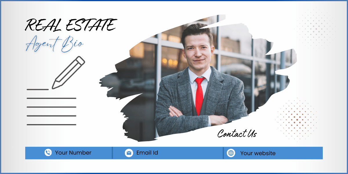 Image of a professional man in a suit with a red tie, standing with arms crossed, alongside a bio template and contact info.