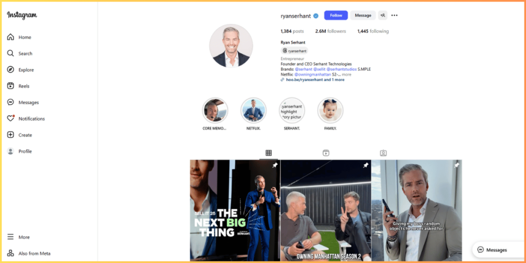 Instagram bio of Ryan Serhant, a real estate agent and CEO, showing his photo, 1,384 posts, 2.6M followers, and highlights from CORE, Netflix, and more.
